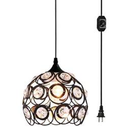 Plug in Crystal Pendant Light, Black Metal Mini Chandelier Light with 13.12ft Cord and On/Off Switch, Vintage Hanging Light Fixture Ceiling Lamp for Kitchen Bedroom