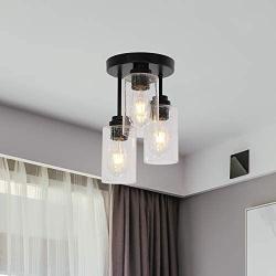 VINLUZ 3 Light Semi Flush Mount Ceiling Light Matte Black Contemporary Metal Art Hanging Fixtures with Seedy Glass Shade Pendant Lighting Kitchen Ceiling Light