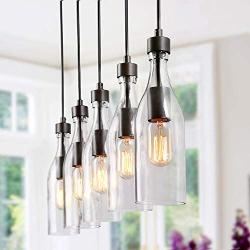 LNC A02982 Wood Kitchen Island Lighting Farmhouse Linear Chandeliers with Glass Bottle Shade