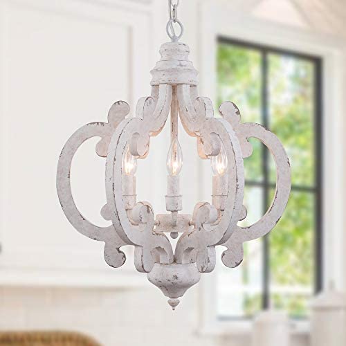 Cottage Chic Crown Distressed White Wood Chandelier, 6-Light Farmhouse Chandelier, French Country Handmade Wood Pendant Light Fixture for Dining Room, Kitchen, Living Room, Bedroom, Foyer and Entryway