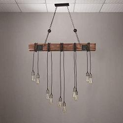 JiuZhuo Farmhouse Style Chandelier Rustic Wood Beam Large Linear Island Pendant Light 10-Light Chandelier Lighting Retro Industrial Style Chandeliers for Bar Kitchen Dining Room