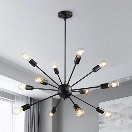 Modern Sputnik Chandeliers 12 Lights Mid Century Vintage Ceiling Light Fixture Industrial Pendant Lighting for Kitchen Dining Room Living Room Bedroom, Black
