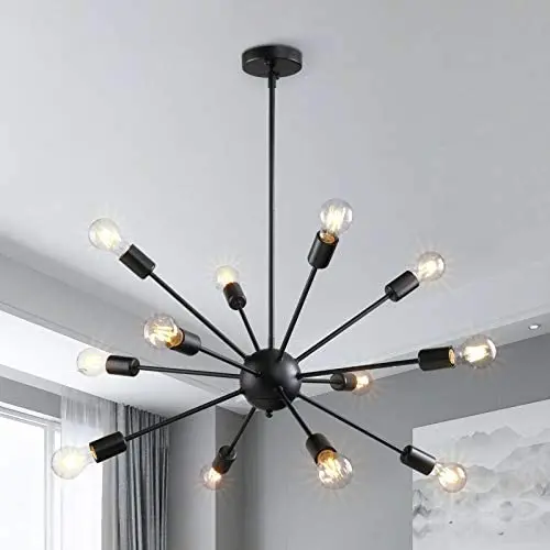 Modern Sputnik Chandeliers 12 Lights Mid Century Vintage Ceiling Light Fixture Industrial Pendant Lighting for Kitchen Dining Room Living Room Bedroom, Black Modern Sputnik Chandeliers 12 Lights Mid Century Vintage Ceiling Light Fixture Industrial Pendant Lighting for Kitchen Dining Room Living Room Bedroom, Black