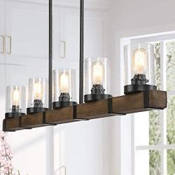 Farmhouse Chandeliers for Dining Room,5-Lights Kitchen Island Lighting,Rectangle Wood Chandeliers with Seedy Glass Shape