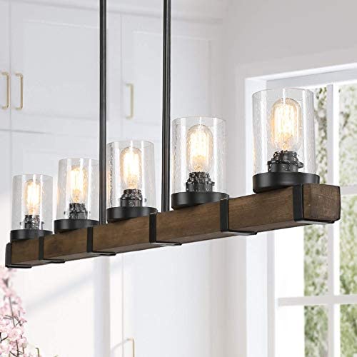 Farmhouse Chandeliers for Dining Room,5-Lights Kitchen Island Lighting,Rectangle Wood Chandeliers with Seedy Glass Shape