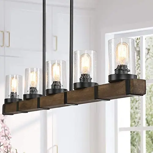 Farmhouse Chandeliers for Dining Room,5-Lights Kitchen Island Lighting,Rectangle Wood Chandeliers with Seedy Glass Shape Farmhouse Chandeliers for Dining Room,5-Lights Kitchen Island Lighting,Rectangle Wood Chandeliers with Seedy Glass Shape