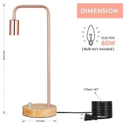 HAITRAL Modern Table Lamps, Industrial Bedside Lamps Set of 2 with Wooden Base, Metal Modern Bedside Lamp for Bedroom, Girls Room, Kids Room, Office - Rose Gold (Bulb Not Include)