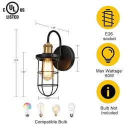 Hamilyeah Farmhouse Wall Sconces with Cage Shade, Industrial Hardwired Sconces Wall Lighting Fixture,Gooseneck Black and Gold Wall Light Indoor Set of Two for Bathroom, Bedroom, Living Room, UL listed