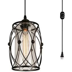 HMVPL Swag Plug-in Pendant Light with 16.4Ft Hanging Cord and On/Off Dimmer Switch,Original Industrial Cage and Glass Lampshade Design for Dining Room Bed Room Hallway