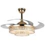 Crystal Ceiling Fan with Light, 42 Inch Chandelier Fans Light LED Remote Retractable Blades 3 Speeds Three Change Colors Crystal Invisible Fan Lamp For Bedroom Dining Living Room Gold