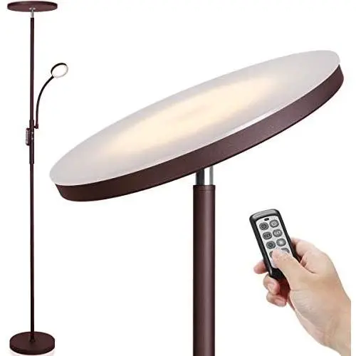 LED Floor Lamp - Soarz Torchiere Floor Lamp with Adjustable Reading Lamp,2000lumen Main Light and 400lumens Side Reading Light for Living Room, Bedroom, Office, Work with Remote Control (Brown)