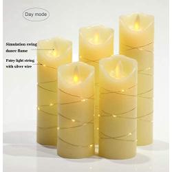 flameless Candle, with Embedded String Lights, DANIP 5-Piece LED Candles, with 10-Key Remote Control, 24-Hour Timer Function, Dancing Flame, Real Wax, Battery-Powered. (Ivory White)