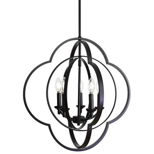 VINLUZ Modern 5-Light Chandeliers Black Dining Room Light Fixtures Hanging Geometric Globe Shape Design Farmhouse Rustic Pendant Lights Orbit Ceiling Light Fixtures for Foyer Kitchen Island Entryway