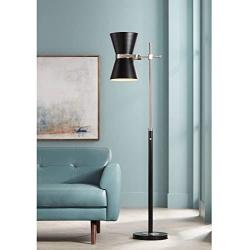 Oxford Mid Century Modern Floor Lamp Black and Brushed Nickel Metal Offset Cone Shades for Living Room Reading - Possini Euro Design