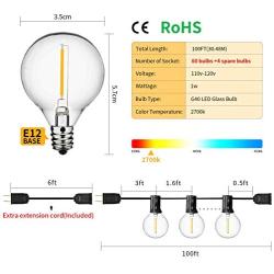 Outdoor String Lights,100ft with 64 Dimmable G40 Glass LED Clear Bulbs UL Approval Waterproof Globe String Lights 1W 2700K Outdoor Lighting for Backyard Porch Cafe Party Wedding Garden