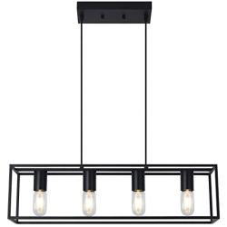 Black Farmhouse Linear Chandelier Pendant Lighting, 4-Light Kitchen Island Lighting with Metal Open Frame for Kitchen Dining Room. (Black, 4-Light)