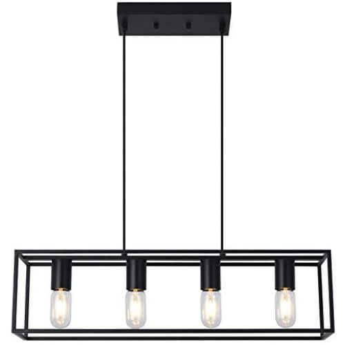 Black Farmhouse Linear Chandelier Pendant Lighting, 4-Light Kitchen Island Lighting with Metal Open Frame for Kitchen Dining Room. (Black, 4-Light)