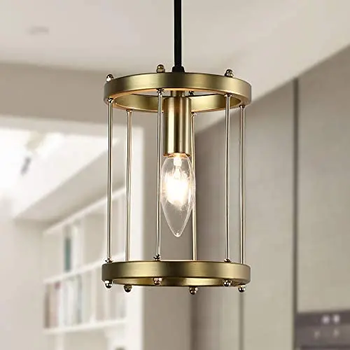 Wood and Metal Chandelier Square 1-Light Adjustable Height Ceiling Pendant Light Dining Room Lighting Fixtures Hanging，Living Room Light ,Kitchen Chandelier UL Listed