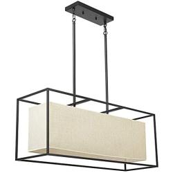 Vinsniv Contemporary Rectangle Kitchen Island 35.43''L Chandelier, Linen Fabric Shade, Adjustable Linear Cage Pendant Ceiling Hanging Lighting for Dining Room Pool Table, Black Metal, 5-Light E26 006