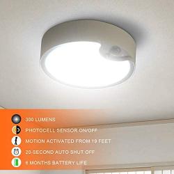 TOOWELL Motion Sensor Ceiling Light Battery Operated Indoor/Outdoor LED Ceiling Lights for Hallway Laundry Stairs Garage Bathroom 300LM White Photocell Sensor ON/Off Upgrade