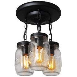 PUZHI HOME Semi Flush Mount Ceiling Light, 3 Lights Farmhouse Mason Jar Lights Industrial Vintage Close to Ceiling Light Rustic Chandelier Ceiling Lamp for Kitchen Farmhouse Dining Room