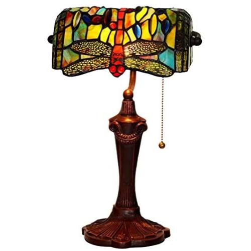 10'' Tiffany Style Dragonfly Banker Lamp Mediterranean Stained Glass Table Lamp Vintage Baroque Desk Lights for Living Room Bedroom Bedside Reading, Max60W,A