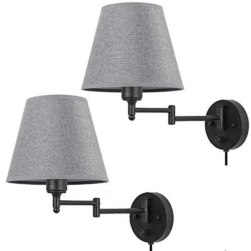 HAITRAL Swing Arm Wall Lamps- Dimmble Plug in Wall Sconces with Grey Shade, Plug-in or Hardwired Wall Lights, Wall Lamps for Bedroom, Bedside, Living Room, Office, Farmhouse