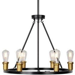 Merbotin Industrial Round Chandelier, 6-Light Wagon Wheel Chandeliers Rustic Ceiling Light Pendant Light for Kitchen Island Dining Room Foryer, Matte Black & Antique Brass Accents, 26'' Diameter