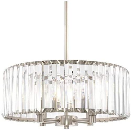 Kira Home Delilah 16'' Modern 4-Light Crystal Drum Chandelier + Clear Beveled Glass Panels, Brushed Nickel Finish