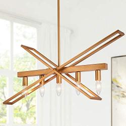 LOG BARN Gold Chandelier, 25.5'' Modern Chandelier, 5 Lights Medium Linear Light Fixture for Kitchen Island, Dining Room, Foyer, Entryway, Bedroom, Brushed Golden Brown Finish