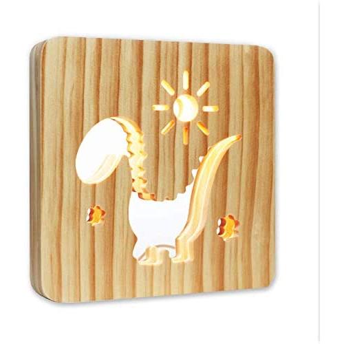 WER Wood LED Lamps for Bedrooms, 3D Creative Table Lamps, 7.5'' Long x 7.5'' Wide x 1.2'' Thick Bedside Lamps, Warm & Quiet Small Lamp with USB Cable, Best House Gifts, Dinosaur-Shaped