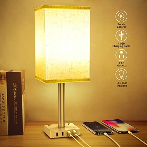 Touch Control USB Table Lamp, 3-Way Dimmable Nightstand Lamp with 4 Fast Charging USB Ports & 2 Outlet, USB Beside Table Lamp Included 2700K 800LM Bulb for Bedrooms Living Room Office Reading