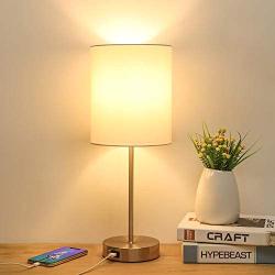 USB Bedside Table Lamp, 3-Way Dimmable Touch Lamp Modern Nightstand Lamp with Round Fabric Lampshade Metal Base Ambient Light for Bedroom, Office, Guest Room, Dorm, 6W 2700K LED Edison Bulb Included