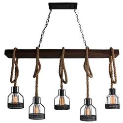 Unitary Brand Rustic Black Metal and Wood Body Cage Shades Dining Room Multi Pendant Lighting with 5 E26 Bulb Sockets 200W Painted Finish