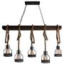 Unitary Brand Rustic Black Metal and Wood Body Cage Shades Dining Room Multi Pendant Lighting with 5 E26 Bulb Sockets 200W Painted Finish