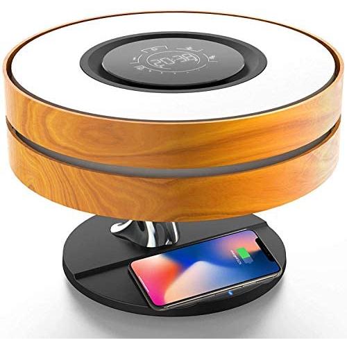 Dermall Touch Lamp ,Bedside Dimmable Lamp,Built-in Bluetooth Speaker and Fast Wireless Charger, Multi-Function Maple Nightstand Lamp with Sleep Mode and Digital Clock for Bedroom,Living Room