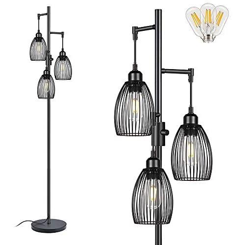 Dimmable Standing Lamp,Industrial Floor Lamps,Black Tree Lamp Rustic Tall Lamps Lighting with 3 Elegant Teardrop Cages & 3 Edison LED Bulbs for Bedrooms Living Room