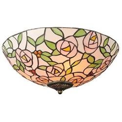 SUSUO Romanticism Style Colorful Stained Glass Flush Mount Ceiling Fixture with Pink Rose Pattern Art Deco Ceiling Light for Bedroom Living Room Hallway Kitchen