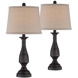 Ben Traditional Table Lamps Set of 2 Dark Bronze Metal Beige Linen Drum Shade for Living Room Family Bedroom Bedside - Regency Hill