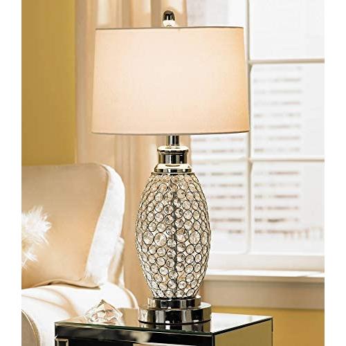 Modern Table Lamp Polished Metal Beaded Crystal White Drum Shade for Living Room Family Bedroom Bedside Office - Possini Euro Design