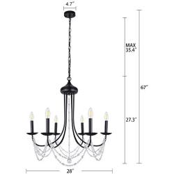 Wellmet Black Farmhouse Chandeliers for Dining Room Kitchen Island Lighting Hanging Fixture 6 Arms, 6-Light Chandeliers,Classic Candle Ceiling Pendant Light Fixture, 28 inches Diameter