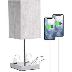 Bedside Table Lamp, 17.5inch Night Table Lamp for Bedroom, 3 Way Touch Control Nightstand Lamp with Outlets, Linen Fabric Shade, Silver Chrome Base, Decor for Desk, Bedroom, Livingroom (Bulb Included)