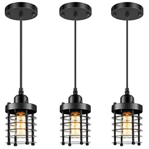 3 Packs Unique Industrial Pendant Lighting, Mini Ceiling Vintage Metal Hanging Lamp Fixture, Adjustable Retro Pendant Light Black for Kitchen Island Counter Dining Room Restaurant Bedroom, E26 Base