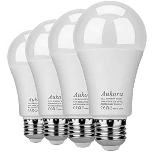 Aukora Dusk to Dawn Light Bulbs 4 Pack, 12W (100-Watt Equivalent 1000lm) Smart Sensor Light Bulb indoor E26/E27 6000K Daylight A19 Led outdoor Light Bulb for Porch Yard Garage Garden Patio(Cool White)