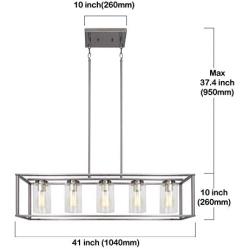 FIMITECH Chandeliers Contemporary Rectangle 5-Light Dining Room Lighting, Adjustable Rods, Fixtures Hanging, Ceiling Light Kitchen Island Cage Pendant Lights with Glass Shade (Brushed Nickel)