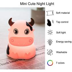 Night Light for Kids, AVEKI Portable Tap Control Nightlight Lamp, 7 Colors Mode, Silicone Cute Animal Cow LED Nursery Night Lamp Bedroom Decor for Baby Infant or Toddler (Cows-Battery Powered)