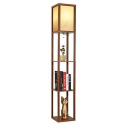 Garwarm LED Shelf Floor Lamp -Asian Wooden Frame-Tall Lights with Organizer Storage Display Shelves-Modern Standing Lamps for Living Room Bedrooms,Brown