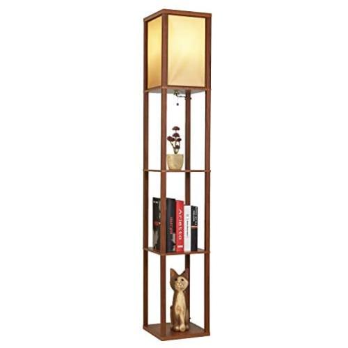 Garwarm LED Shelf Floor Lamp -Asian Wooden Frame-Tall Lights with Organizer Storage Display Shelves-Modern Standing Lamps for Living Room Bedrooms,Brown