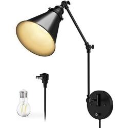 UL-Listed Plug-in Wall Sconces with LED Bulb JACKYLED Swing Arm Wall Lamp with Dimmable Switch Industrial Black Wall Mounted Reading Light Fixture 1-Pack