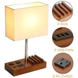 Briever USB Table Lamp, Multi-Functional Bedside Desk Lamp with 2 AC Outlets, 3 USB Charging Ports and Wooden Phone Stands, Modern Nightstand Lamp for Bedroom, Guest Room, Office